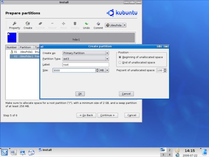 Create root partition details